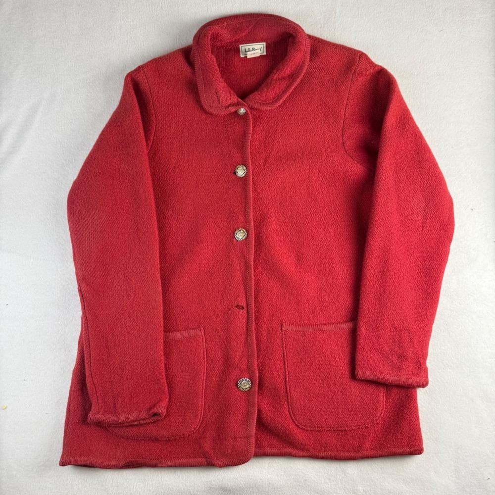 Vintage LL Bean Womens Red 100% Wool Cardigan Sweater Peter Pan Collar LG